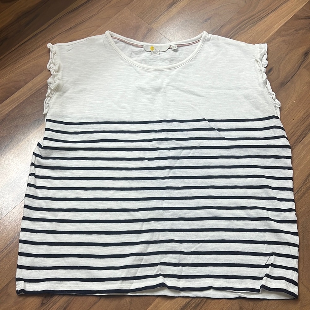 Boden blue and white striped sleeveless shirt with ruffle detail, size US 4